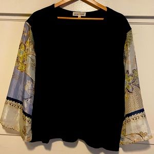 Johnny Was Calme Blouse- Black with Beautiful Silk Scarf Sleeves